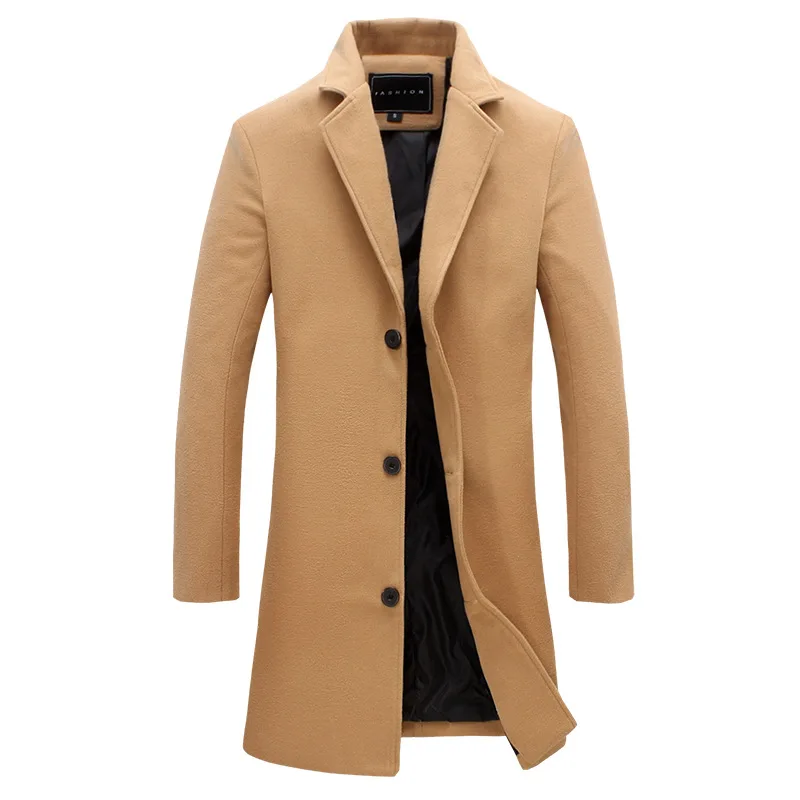 Autumn Winter New fashion Turn-down Collar Solid Color Overcoat Simple Button Casual Men Coat Long Length Woolen Casual Coat