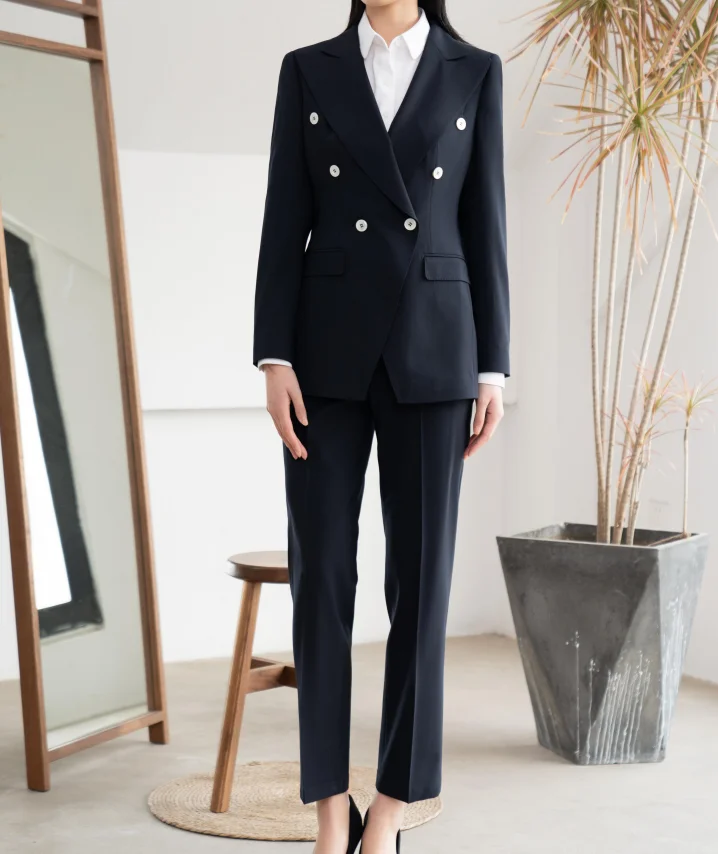 Business Wear Ladies Coat and Pants Set Classic Peak-Lapel Double Breasted Buttons Navy Formal Suit for Women