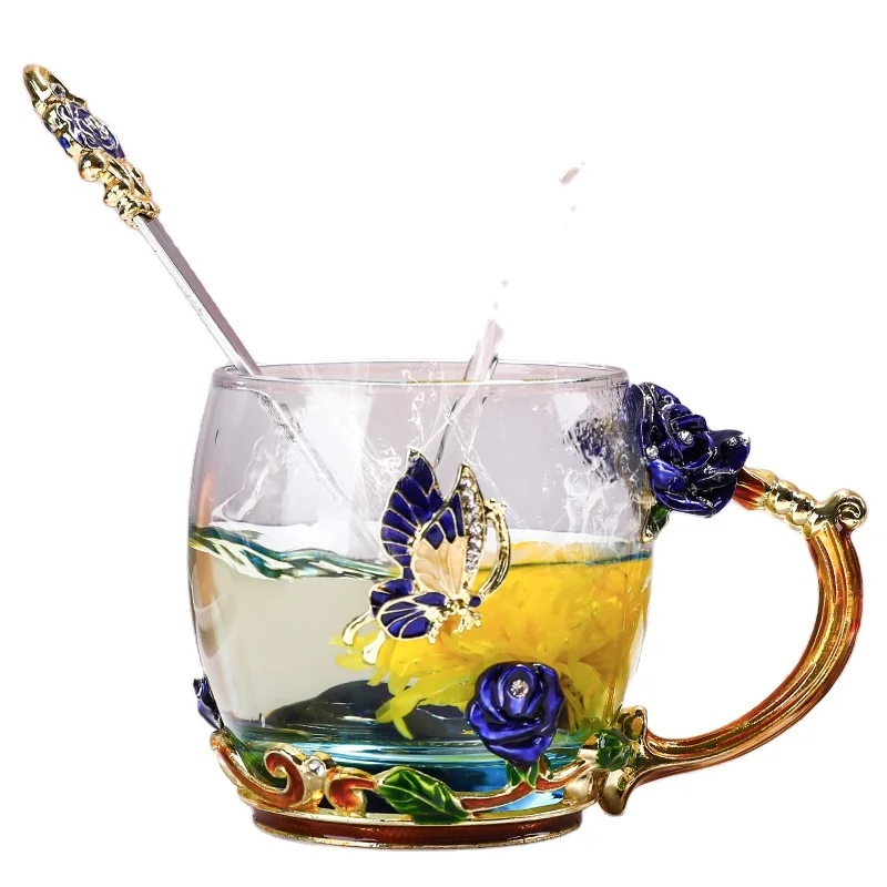 Beauty And Novelty Enamel Coffee Cup Mug Flower Tea Glass Cups for Hot and Cold Drinks Tea Cup Spoon Set Perfect Wedding Gift