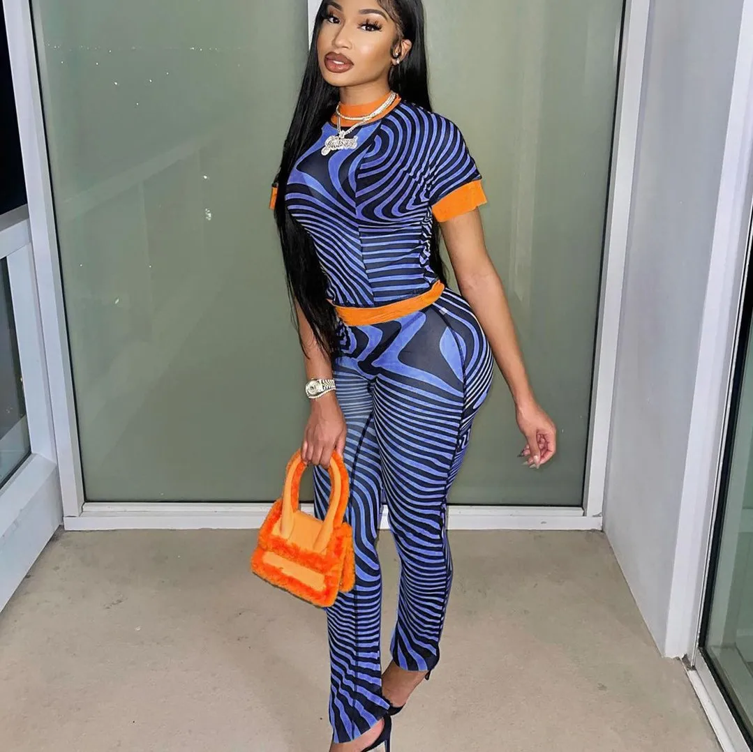 Summer Womens Clothing Perspective Zebra Stripe Print Matching Short Sleeve 2pc Cropped Top Outfits Two Piece Pants Set