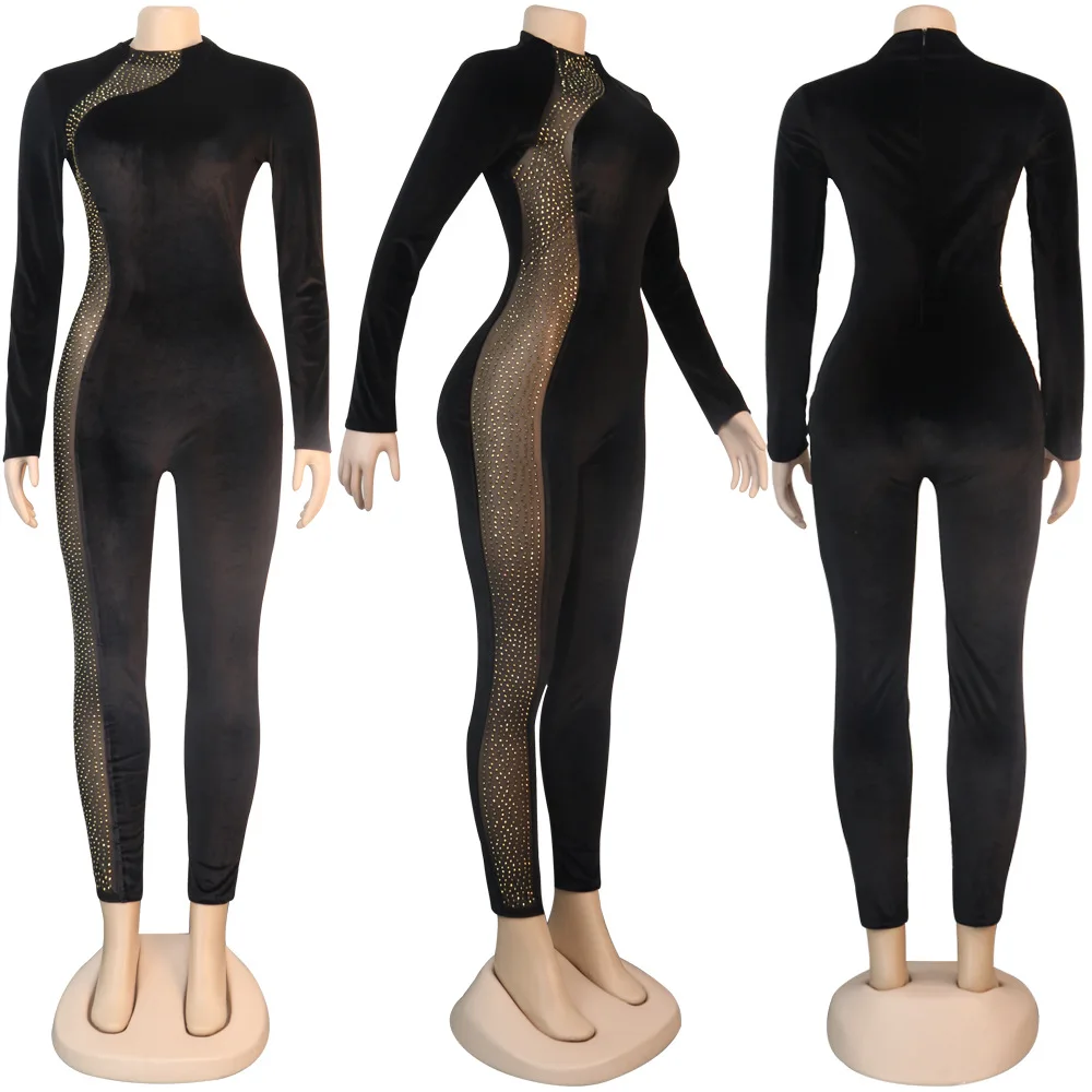 Z12068 Sexy Long Sleeve Patchwork mesh Sequins Rompers women See-through Skinny Jumpsuit