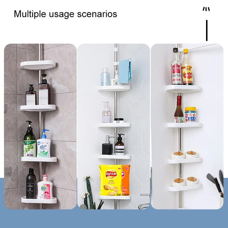 Manufacturer Cheap Adjustable 4-tier layers plastic basket Tension Rod Corner Bathroom Shelf