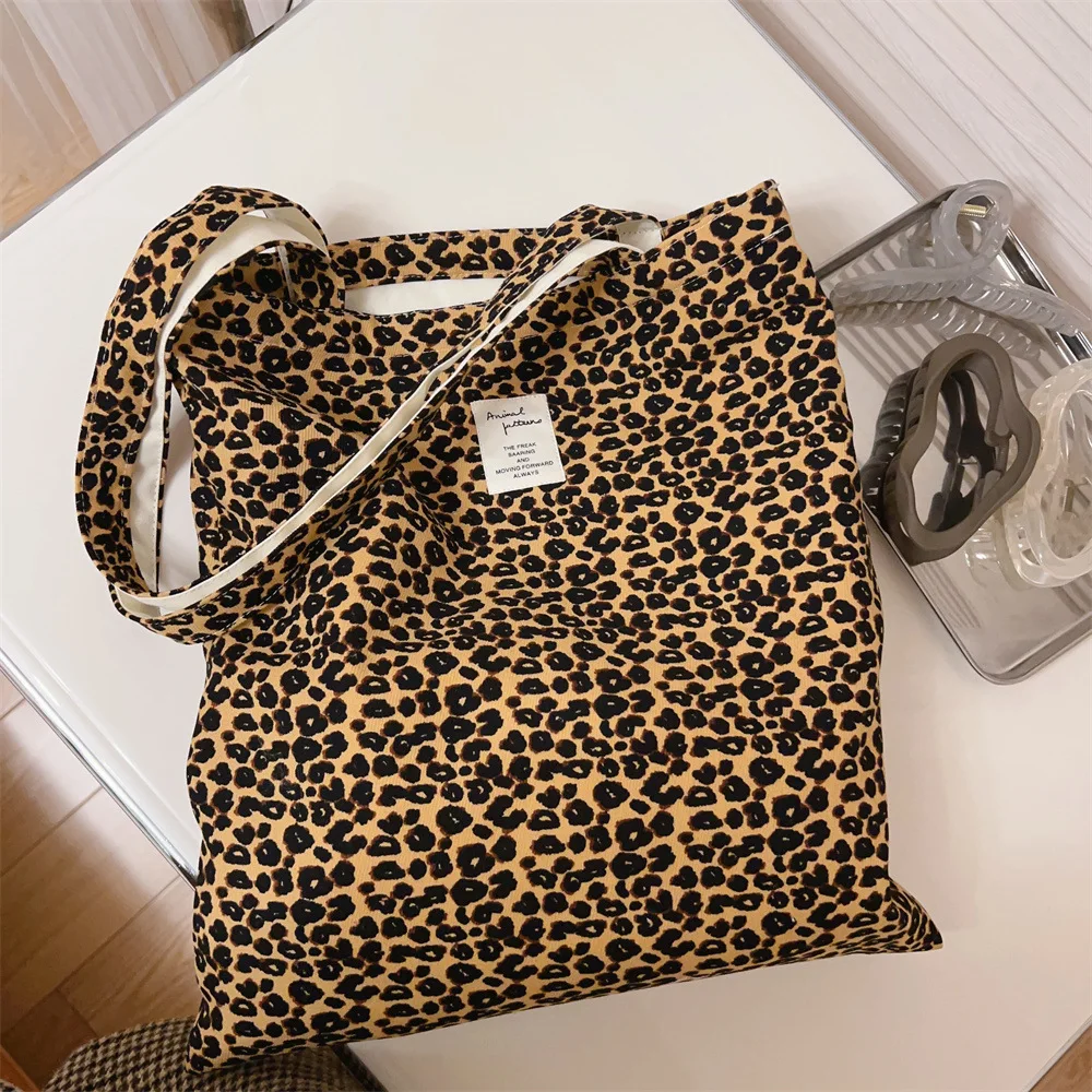 Vintage trend large capacity leopard print twill velvet shoulder canvas bag for girls shopping bag