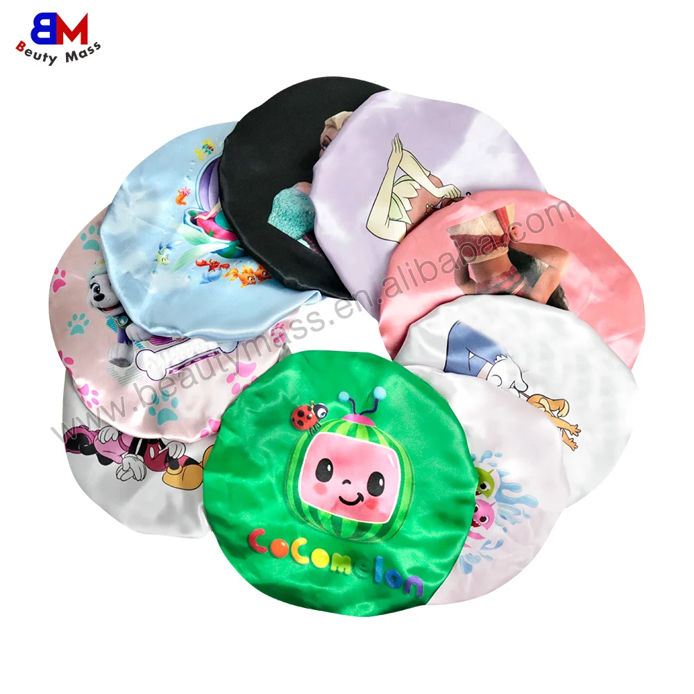 Best Selling Toddler Infant Satin Hair Bonnets Double Layered Reversible Kids Cartoon Character Satin Bonnet for Night Sleep Cap