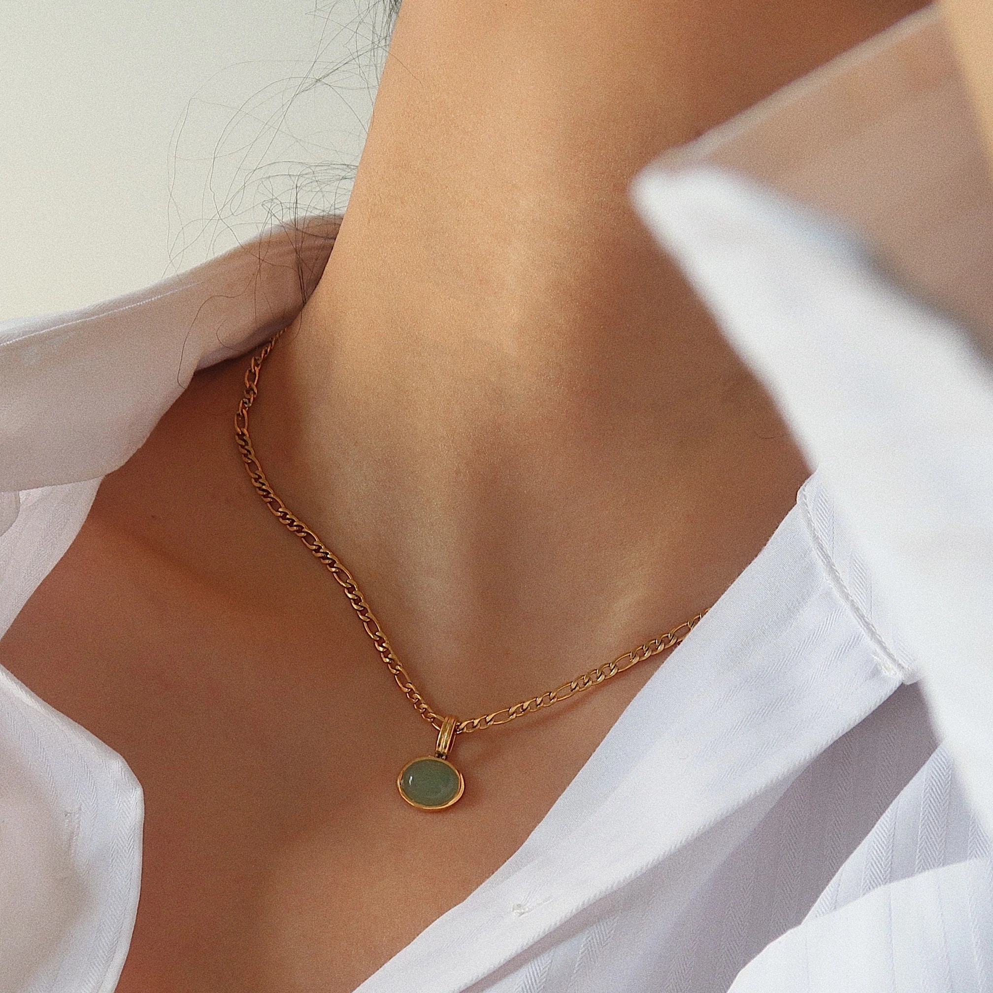 Tongxin New 18K Gold Filled Green Jade Pendant Charm Necklace Gift for Women for Her