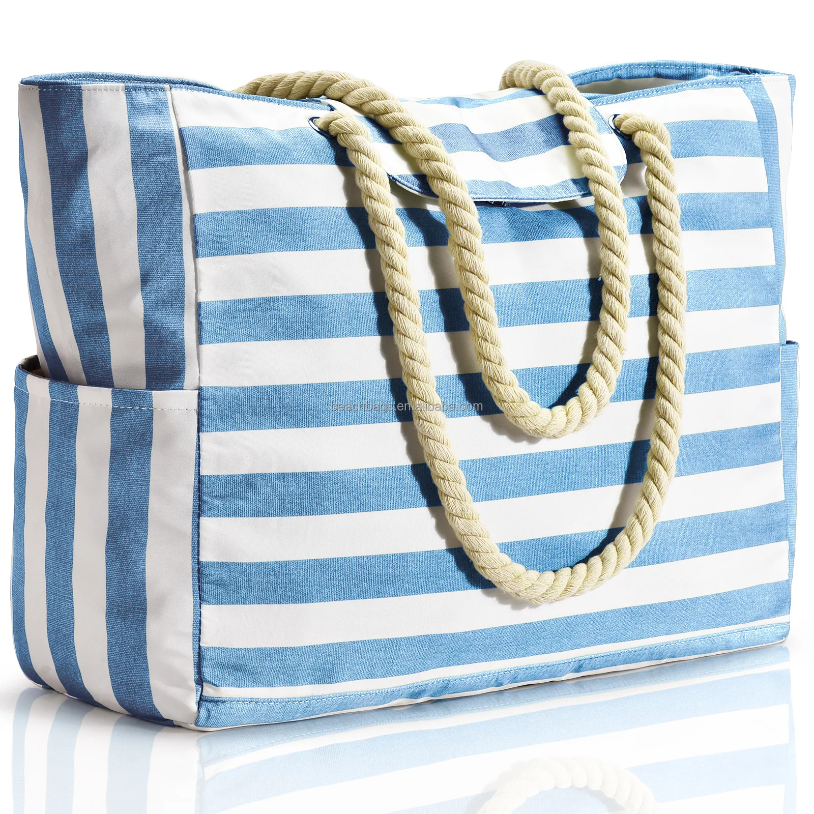 Custom Print Fashion Waterproof Stripe High Quality Beach Tote Bags with Top Magnet Clasp Zipper Shoulder Canvas Beach Bags