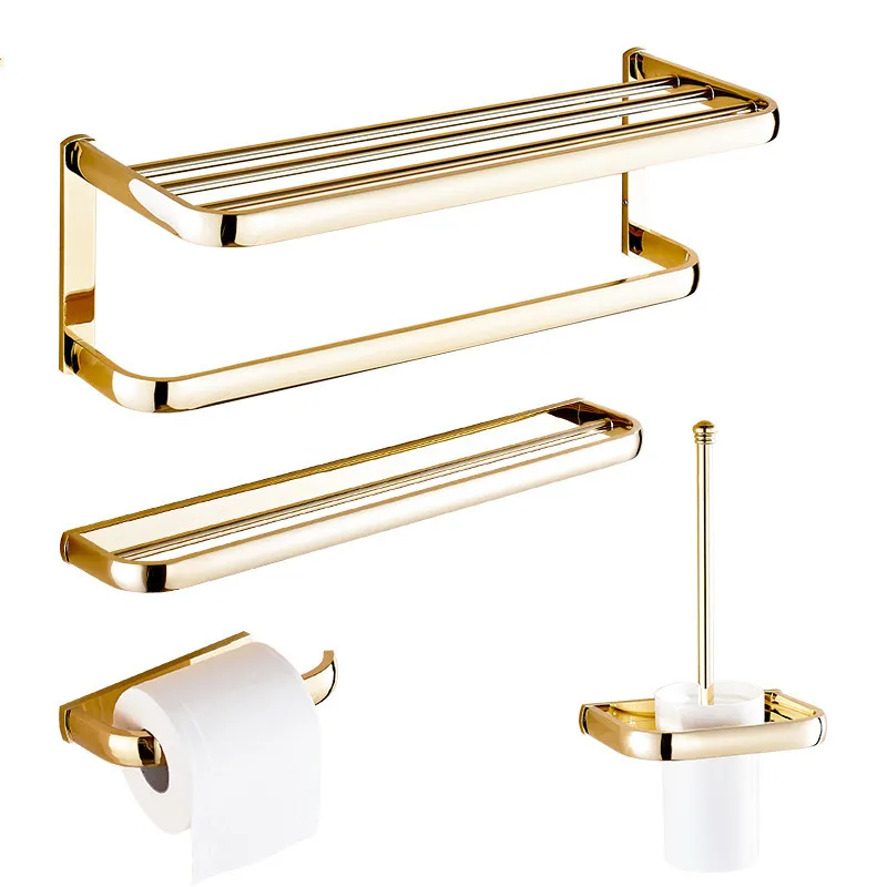 Durable Brass Bath Towel Bar Polished Gold Bathroom Towel Rack Set