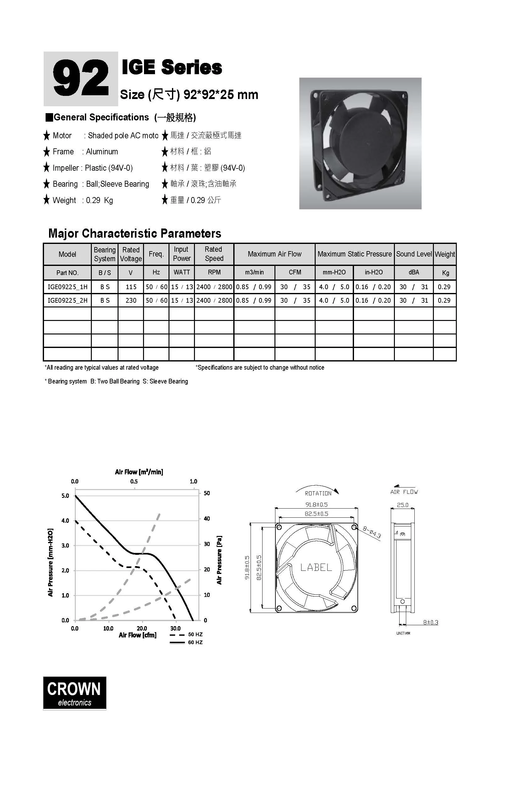 Crown 9225 SERVER O10 DC FAN for Home Textiles