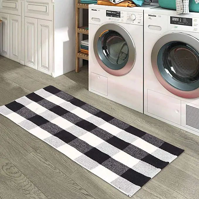 Cotton Checked Black and White Check Buffalo Plaid Rug for Porch Living Room Bedroom Kitchen Bathroom Laundry Room Bedroom