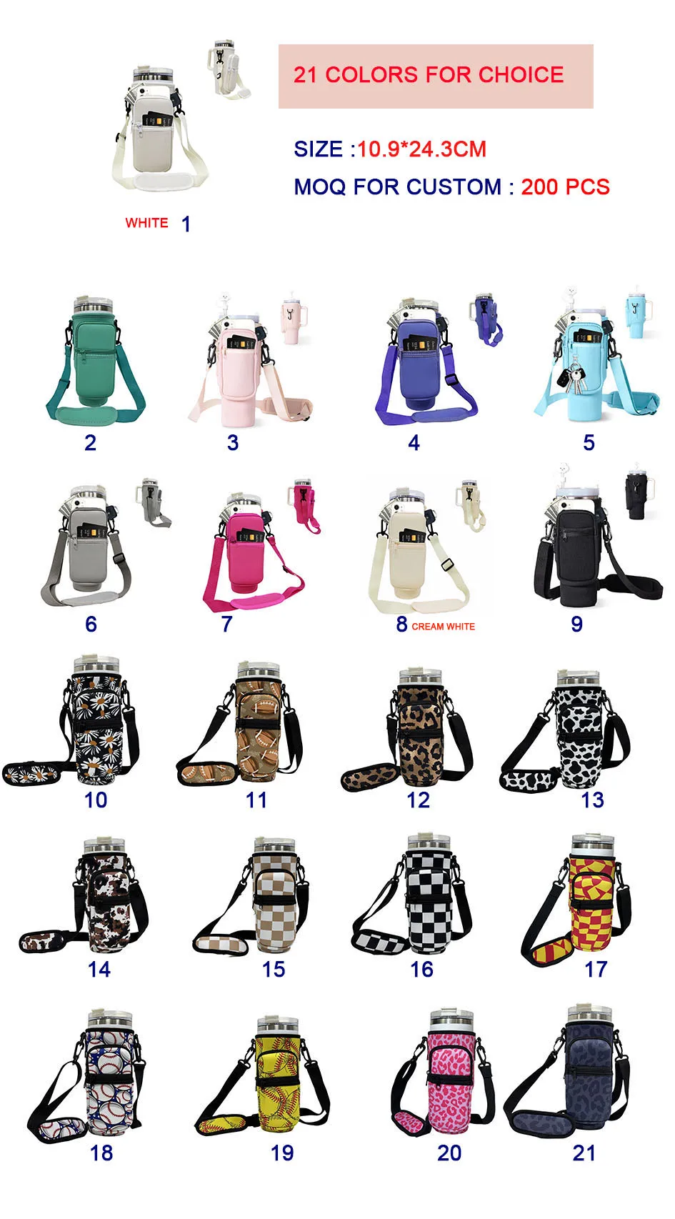 40 oz multi color   custom logo  Phone Pouch with Strap  Cup Bottle Sling Neoprene Water Bottle Holder Water Bottle Carrier Bag