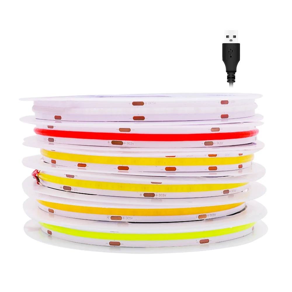 5V LED COB Stripe Light USB Battery Powered 320LED/m High Density Linear Linghting Flexible Tape Strips White Blue Green Red
