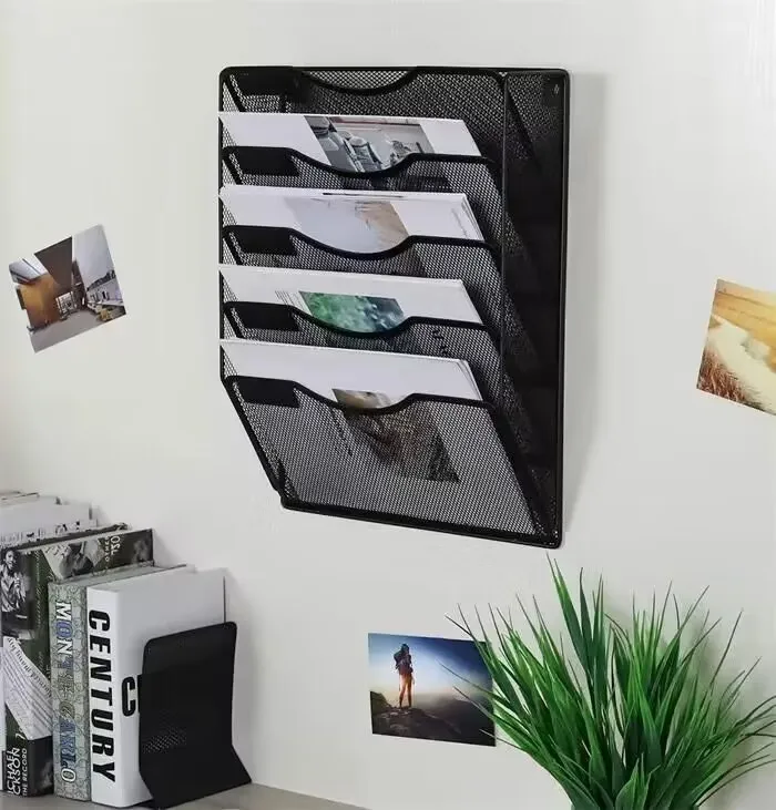 Factory Price Black Metal Mesh 5 Pockets Hanging Wall File Organizer