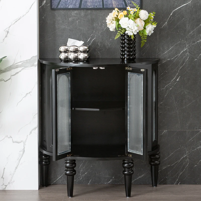 American Solid Wood Sideboard French Retro Entrance Cabinet with Semi-Round Table for Home Living Room Roman Wall Decor