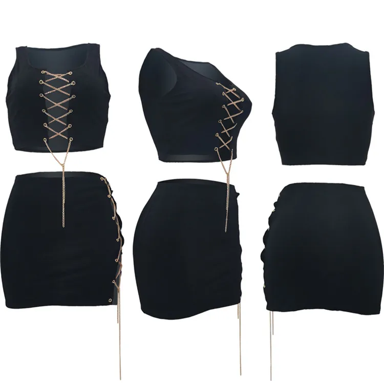 Summer 2021 New Women Fashion Sexy Bandage Chain Crop Top And Mini Skirts Two Piece Set Outfits