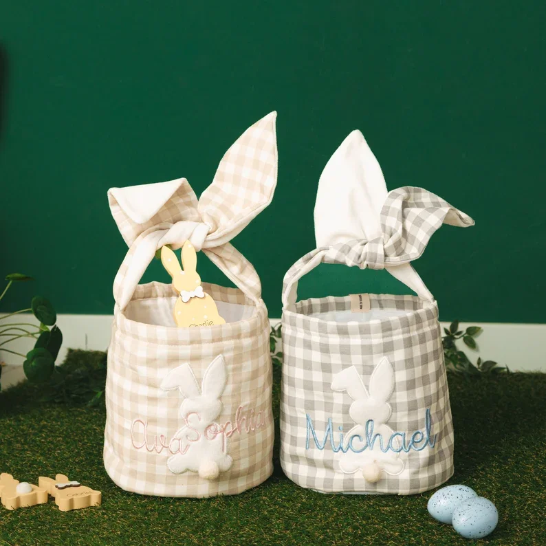 Long Ear Bunny Easter Plaid Bucket Easter For Kids Embroidery Bunny Bag With Tail Easter Baskets