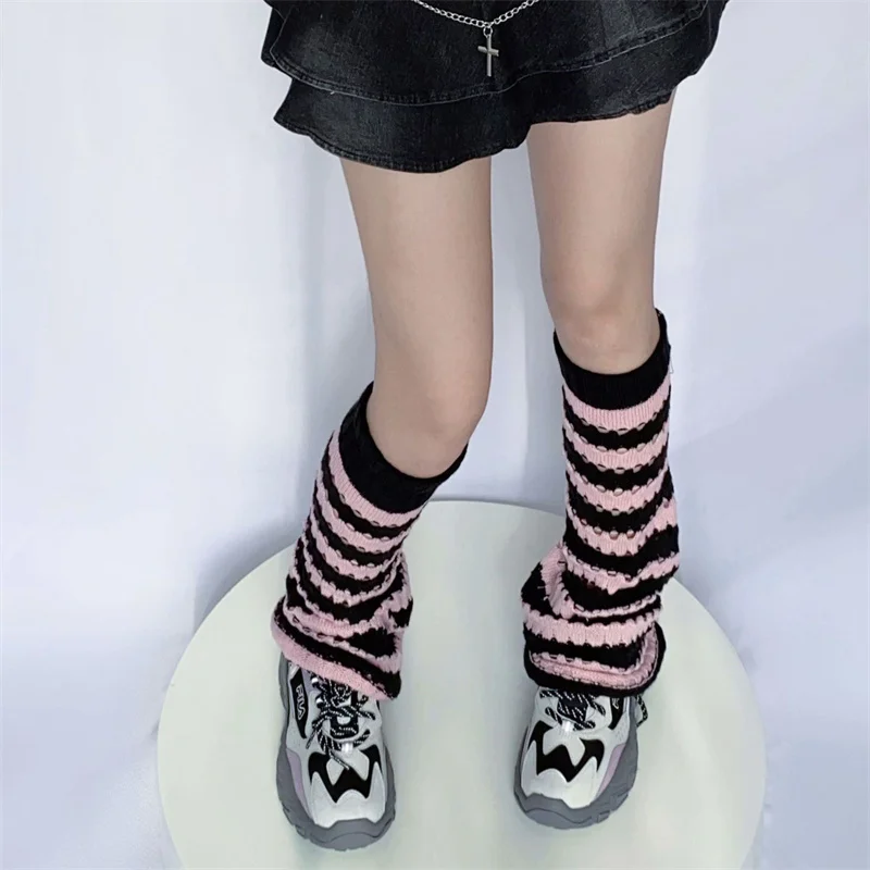 Japanese Y2k Goth Lolita Autumn Leg Warmers for Women Long Knitted Socks Black and White Striped Hollow Stockings