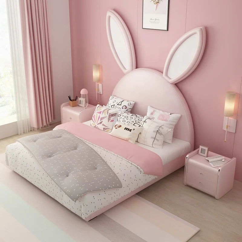 Airland Modern Kids Bedroom Furnitures Children Upholstered Beds Home Rabbit Genuine Leather Soft Backrest Storage Wooden Bed