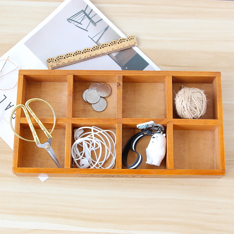 Wholesale hot sale retro style multifunctional 8 compartment wooden box bedroom desktop jewelry storage box wooden organizer