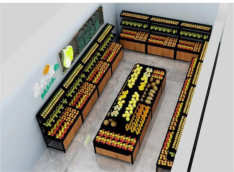 Meicheng Shop Racks Wooden Vegetable Stand Supermarket Steel Wood Fruit Vegetable Display Stand