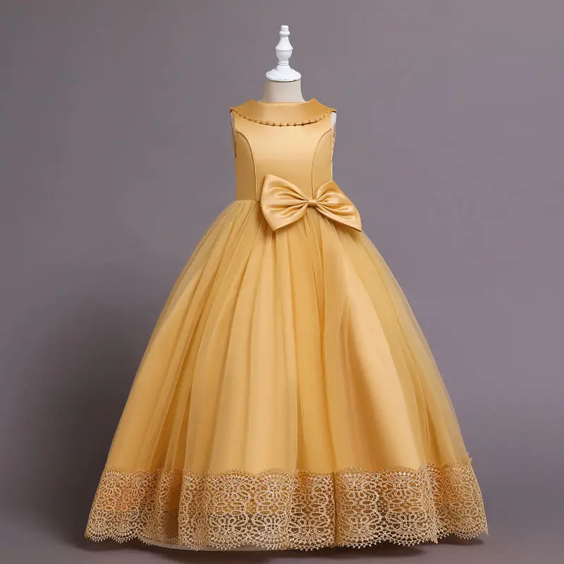 Girls Trailing Lace Dress Flower Kids Dresses for Girls Banquet Show Dress Hot Selling Summer Cotton Mini Satin Fabric