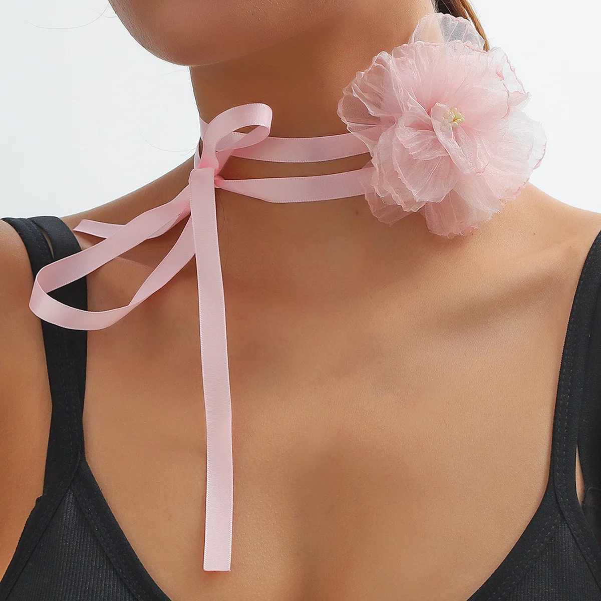 DIY 9.5cm Fabric Rose Pink White Lace Flower Pendant Choker Neckband Sexy Accessories Satin Necklace For Women Wedding Party