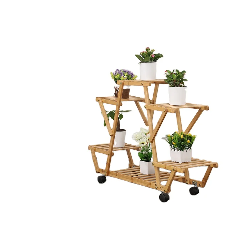 Bamboo wood type falls to the ground multilayer shelving simple household can move flower rack to receive rack kitchen