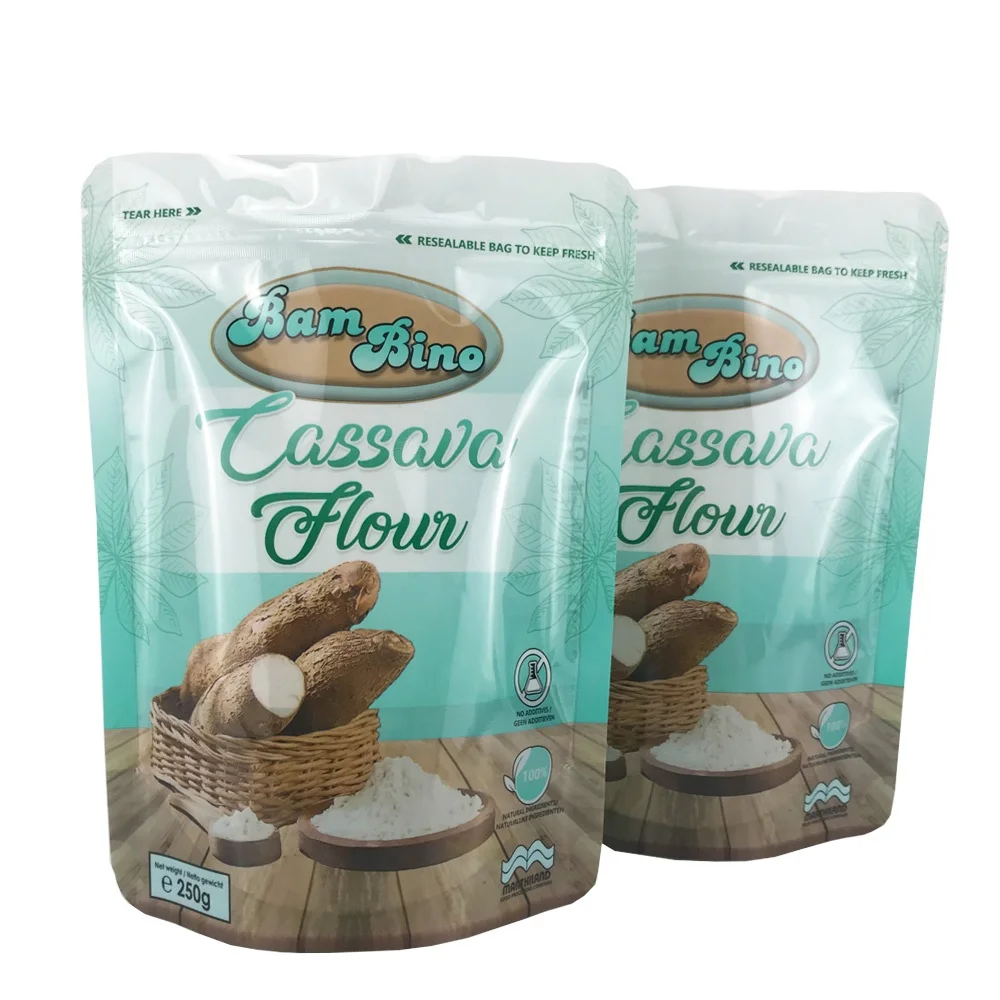 250g 500g Food grade laminated plastic glossy print stand up custom packaging ziplock bag for cassava flour