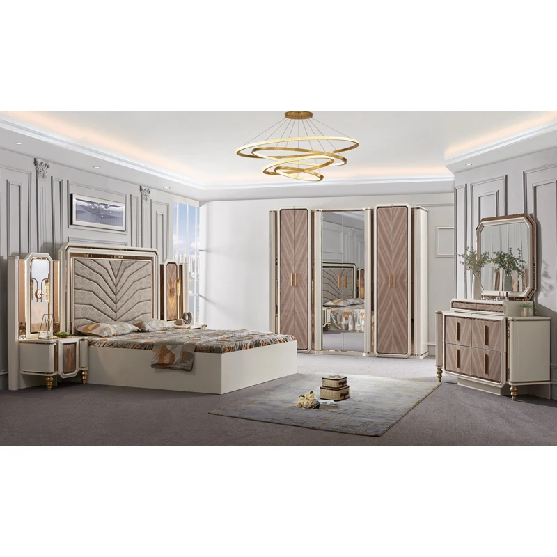 Luxury Royal King Size Bedroom Sets Elegant Super Size Turkish Style Gold Mirrored Led Lighted Bedroom Furniture Cheap