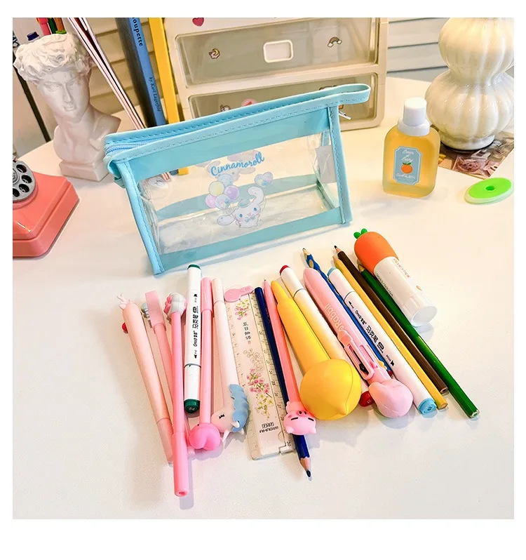 large capacity PVC stationary pouch soft manufacturer school girl cartoon transparent stationery box pencil case