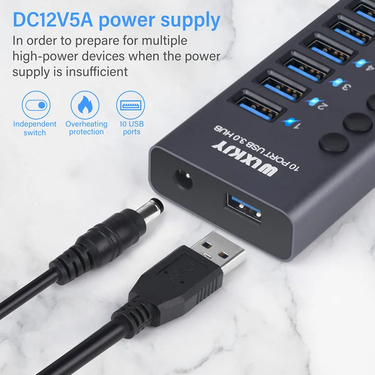 Factory In Stock High Speed usb splitter 10 Port Usb 3.0 Usb Hub With  Power Supply  Individual Led On