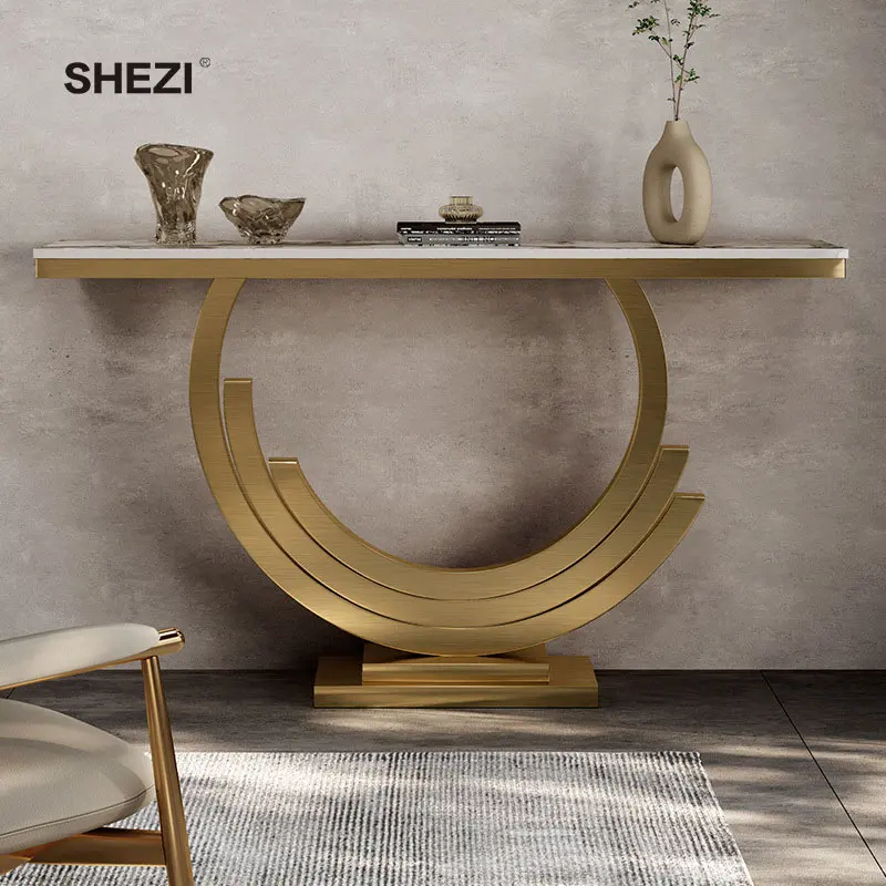 SHEZI Natural Marble Table Gold Forged Iron Frame Hallway Narrow metal Console Table For Home