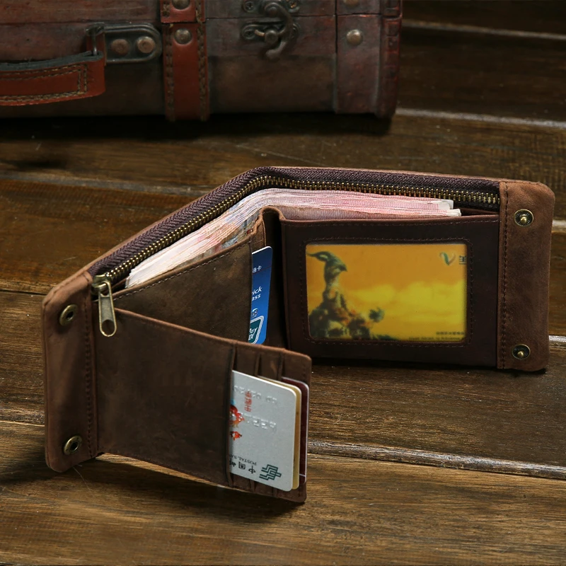 wb1719 Men Bifold Flap Leather Wallet with Zip Pocket Flip Card Case