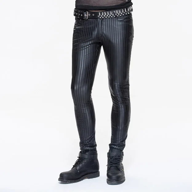 PT045 Devil fashion designer daily wear punk basic style slim fit men vertical stripe tight leather pants