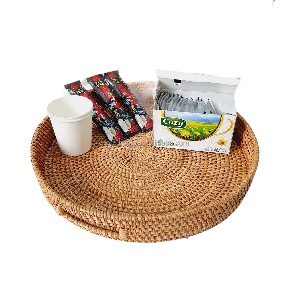 Handle Woven Rattan Round Serving Tray with Handles Bread Cake Pastries Original Rattan Tray