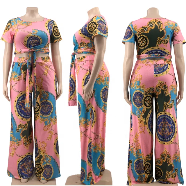 2022 New Trendy Casual Lace-Up T-Shirt Wide Leg Pants 5Xl Two Piece Set Summer Tie-Dye Bandage Print 2 Piece Plus Size Pants Set