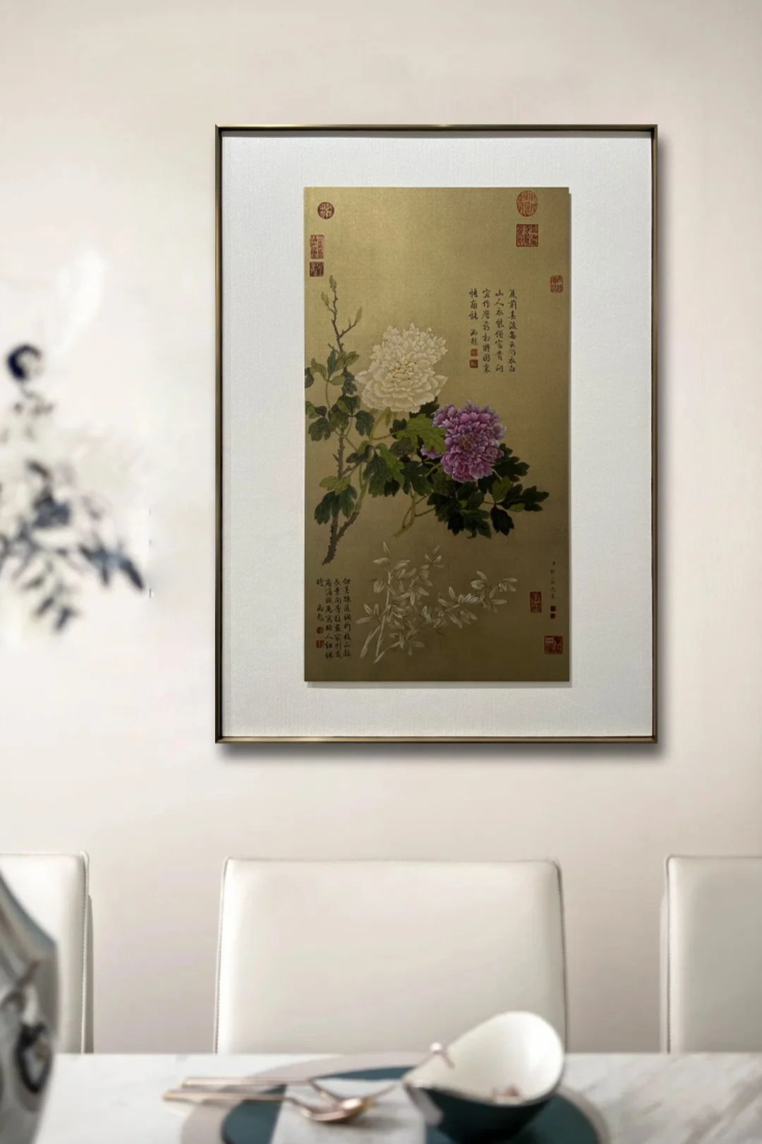 Chinese ancient style flower painting hotel wall art indoor home decorative copper plate linen metal frame painting