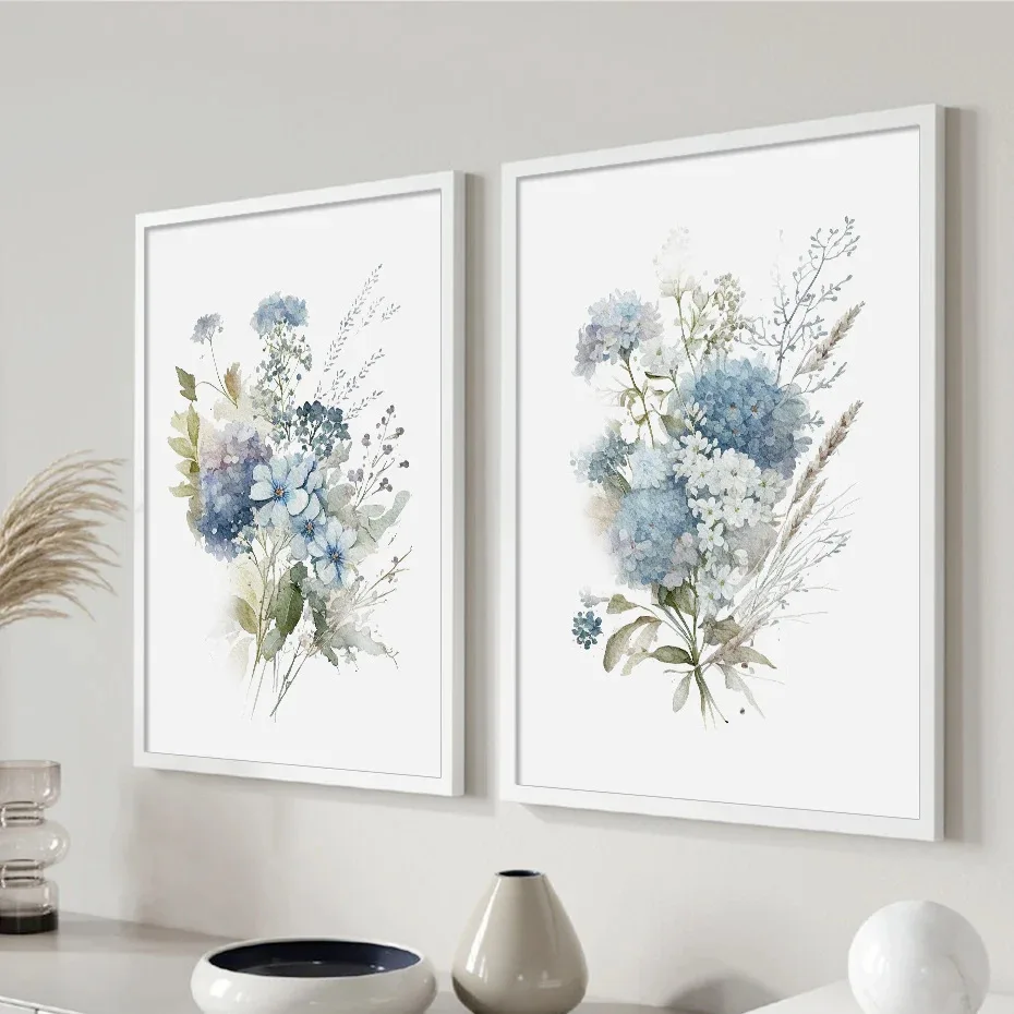 Modern style Home Decoration Watercolor Blue Mix Flowers Leaves Botanical Posters Picture Canvas Print Painting Art with Frame