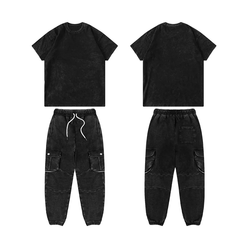 Kids Clothing Sets European and American Brand High Street Black Vintage Washed Short Sleeve Tshirt Trousers Multi Pocket Suits