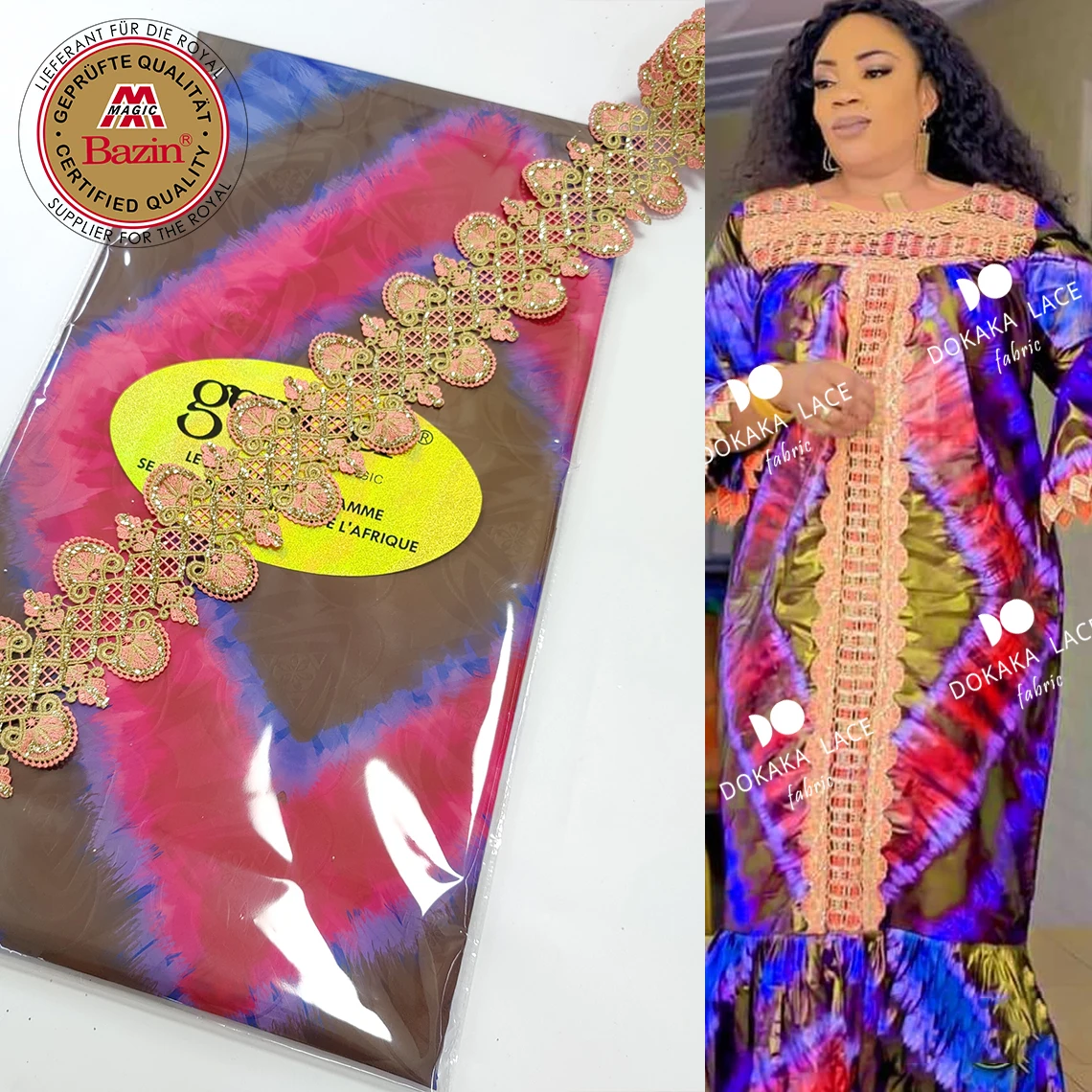 5+5 Yards Double Sides Printed Bazin Riche Fabric With Shiny Embroidery Ribbon For African Traditional Wedding Dresses Basin