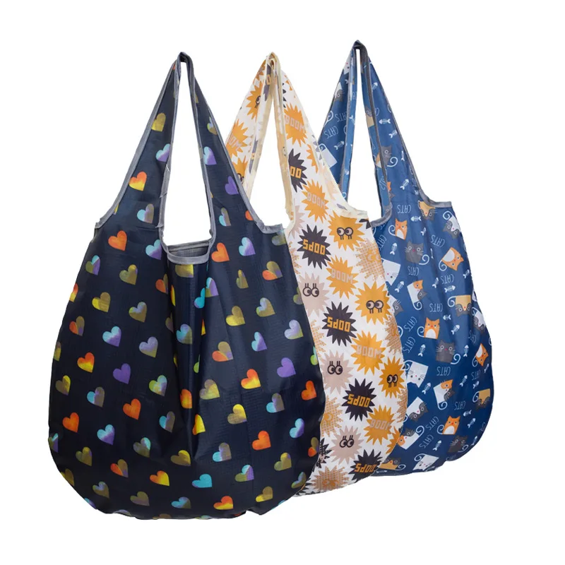 Portable Waterproof Polyester Grocery Bag Reusable Foldable Shopping Tote Bag With Custom Printed Logo