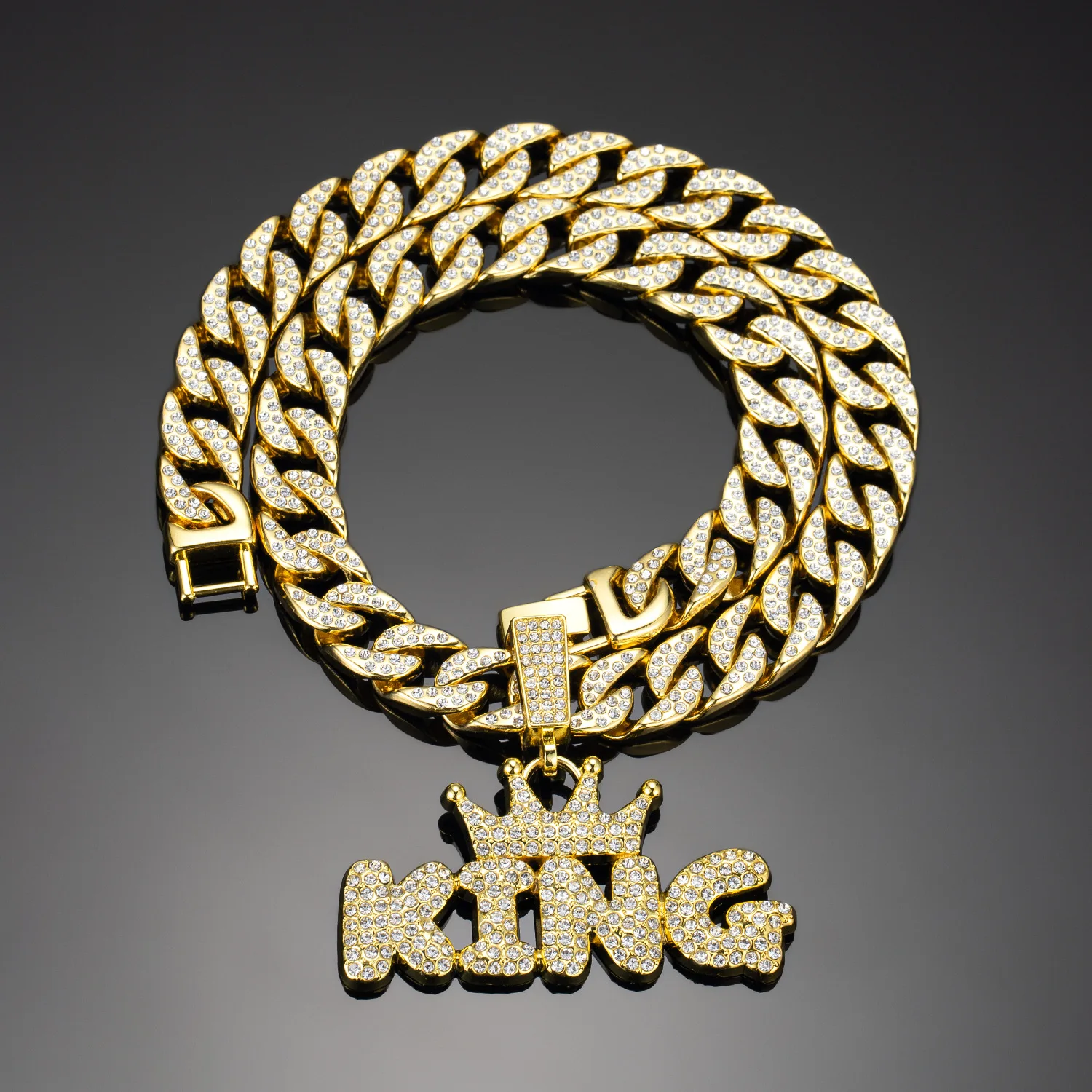 Hip Hop Fashion Unisex Women Men Silver Gold Plated Full Diamond Letter Crown King Pendant Cuban Chain Necklace