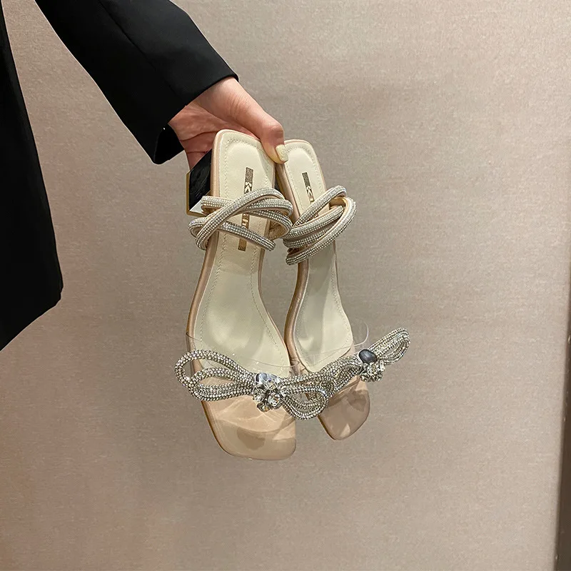 New Rhinestone Bowknot Women Sandals PVC Jelly Transparent Perspex High Heels Summer Sexy Square toe Ankle Buckle Strap Shoes