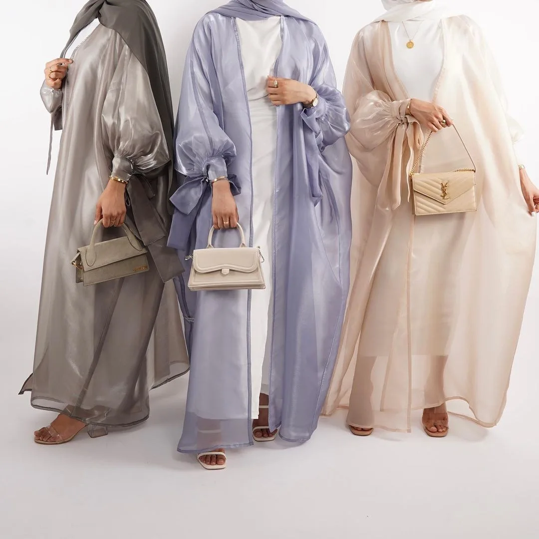 2022 for muslim women summer dubai plain color puff sleeve loose open front new abaya Eid Traditional Muslim Clothing