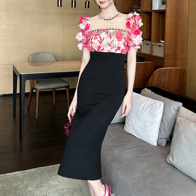 ZYHT 50677 Pink Mesh Ruched 3D Flower Sleeve Lace Stitching French Dress Perspective Split Tight Pencil Dress