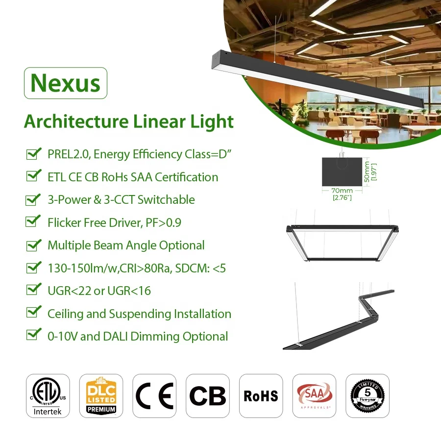Die Cast Aluminum 20W 40W 60W Office Shop Linear Light Dimmable Linkable LED Tubes