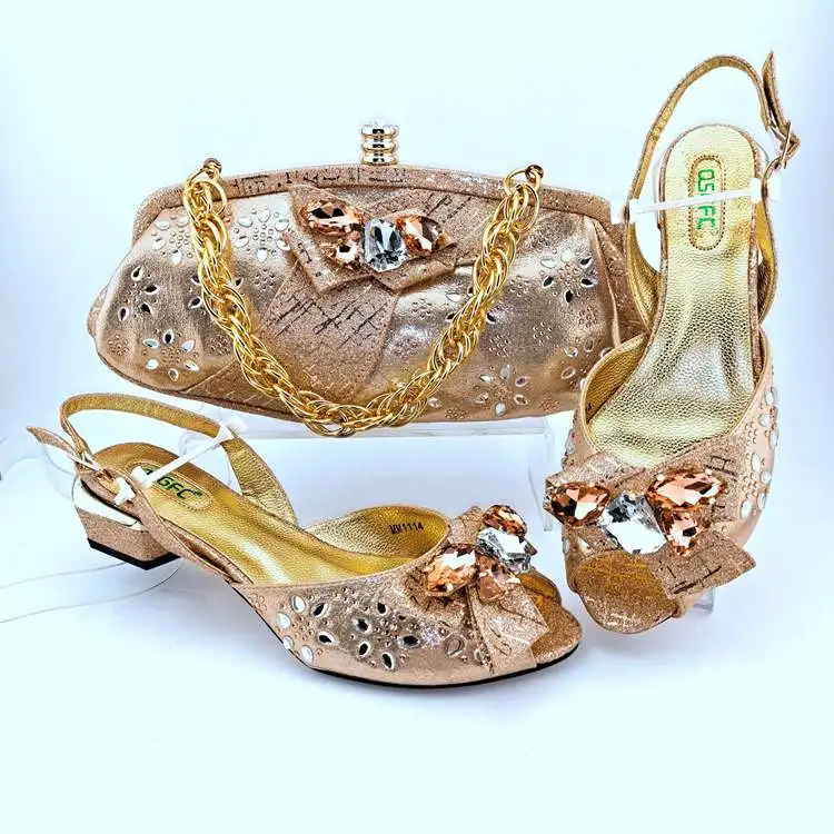 AB8644 Nigeria Gold Latest Low Heeled Shoes Italian and Bags Set for Weeding Party