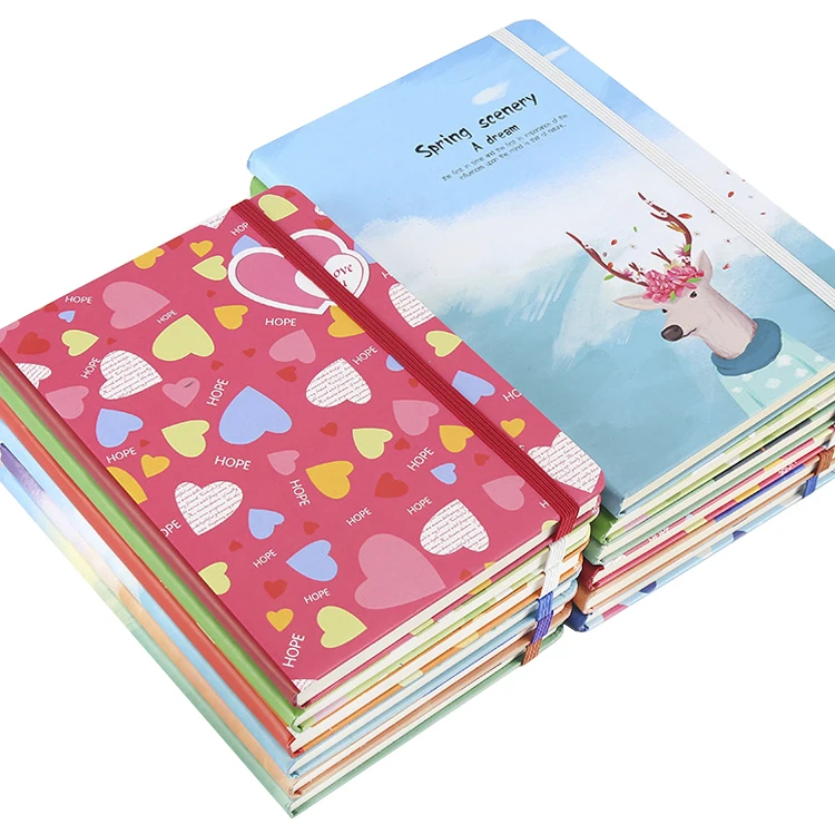 Cute cheap custom mini full color printing art paper hard cover School Notebook A5 B6 with elastic band
