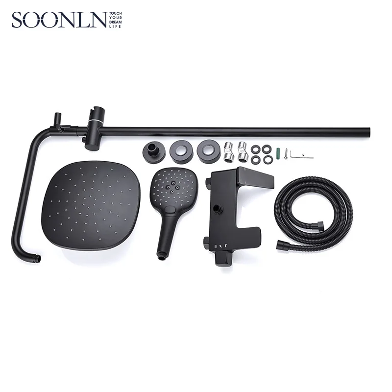 Custom Logo Water Matte Black Bathroom Shower Rain Shower Faucet Set With Slide Bar