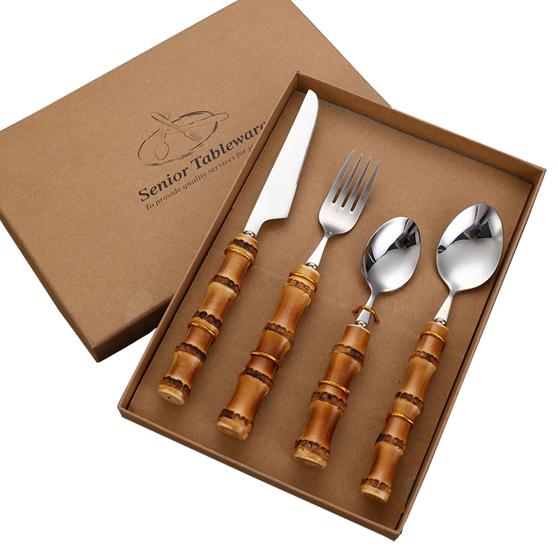 Оптовая продажа набор столовых приборов из натуральной древесины ложка вилка нож Подарочная коробка нержавеющей стали 304 с бамбуковой ручкой