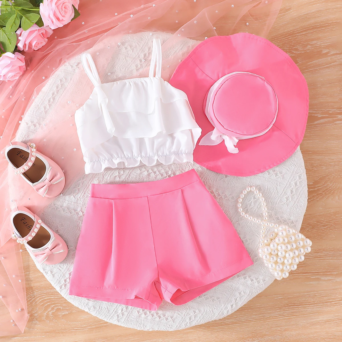Casual Korean Fashion Clothing Set for Girls 3-7 Years Old Sleeveless Top Short Shirt with Vest Dot Pattern Wister Skirt Summer